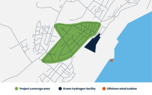 A map showing the communities of Buckhaven and Methil. An area of Buckhaven is green to indicate the project coverage area. An adjacent site is in blue to indicate the location of the green hydrogen facility. The project's offshore wind turbine is indicated with an orange circle.